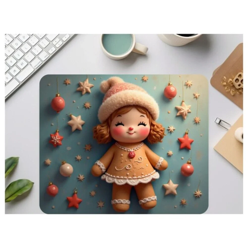Adorable mouse pad featuring a cute Christmas gingerbread doll design with stars